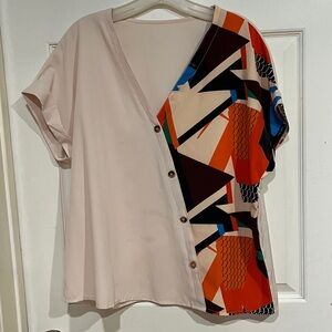 Size XL short sleeve V-neck button up blouse Colorful tribal graphic print
